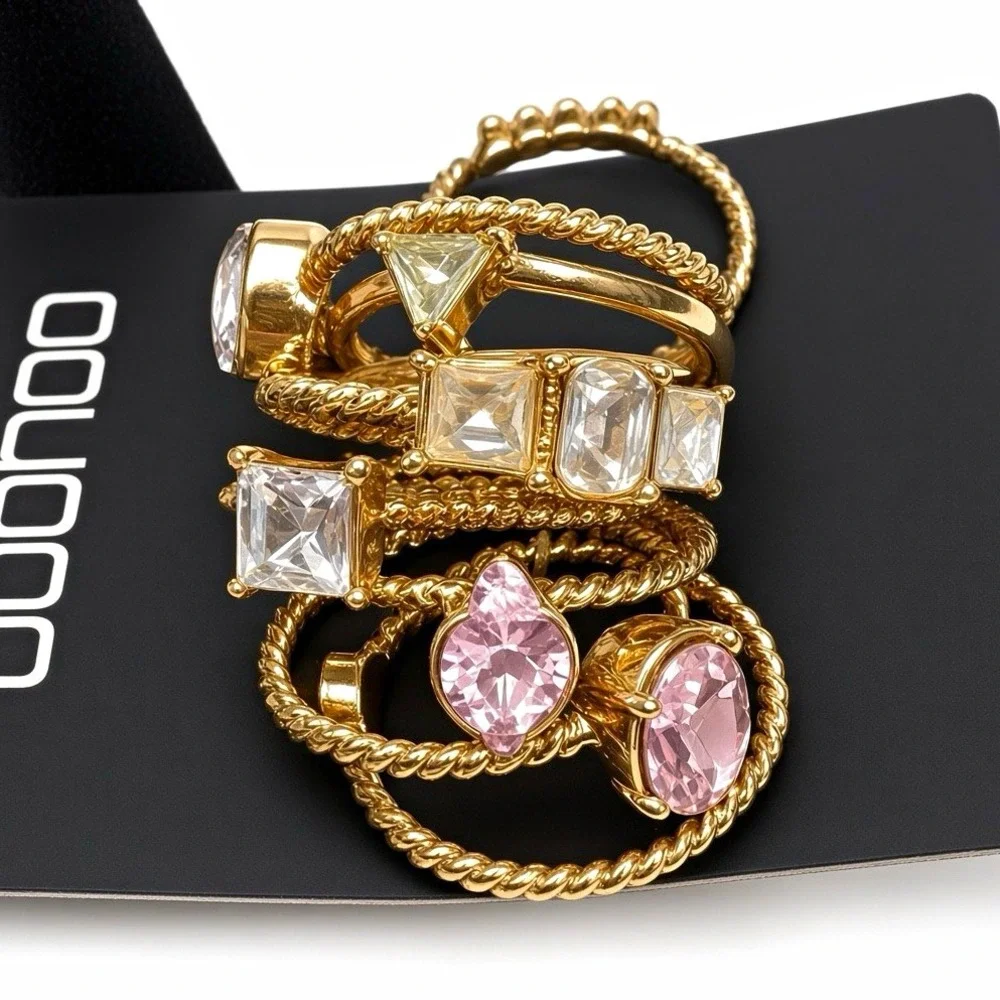 Boohoo Pastel Stone & Pearl Stacking Rings Set Gold Tone One Size Fashion Jewelr